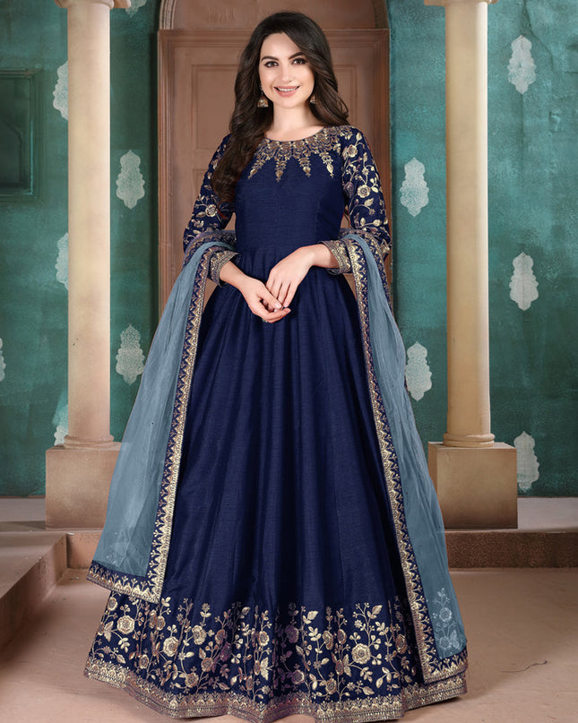 Charismatic Navy Blue Silk Slub Embroidered Anarkali Suit