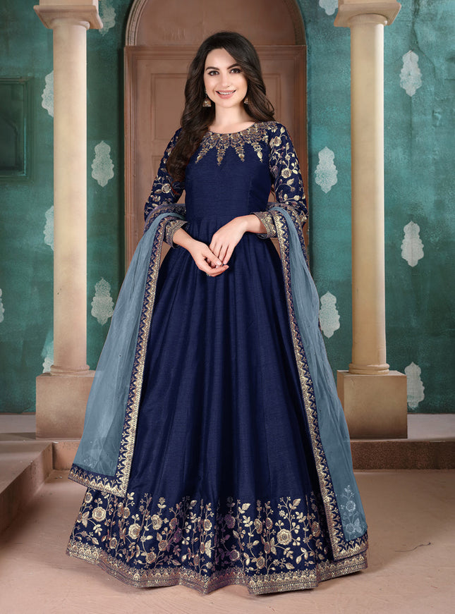 Charismatic Navy Blue Silk Slub Embroidered Anarkali Suit