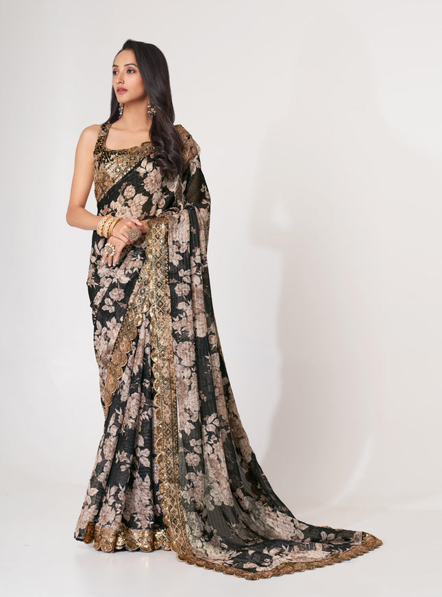 Amazing Black Organza Sequins Saree