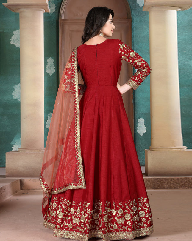 Wonderful Rust Red Silk Slub Embroidered Anarkali Suit
