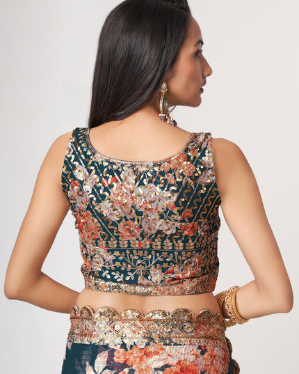 Charming Peacock Blue Organza Sequins Saree