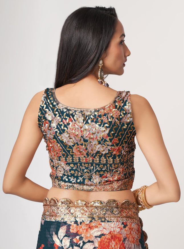 Charming Peacock Blue Organza Sequins Saree