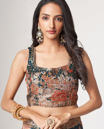 Charming Peacock Blue Organza Sequins Saree