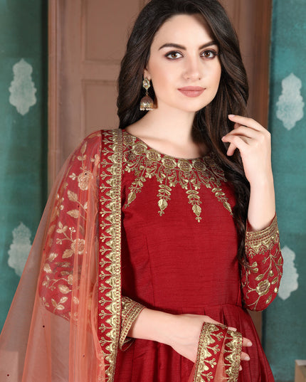 Wonderful Rust Red Silk Slub Embroidered Anarkali Suit