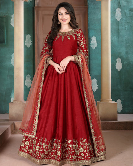 Wonderful Rust Red Silk Slub Embroidered Anarkali Suit