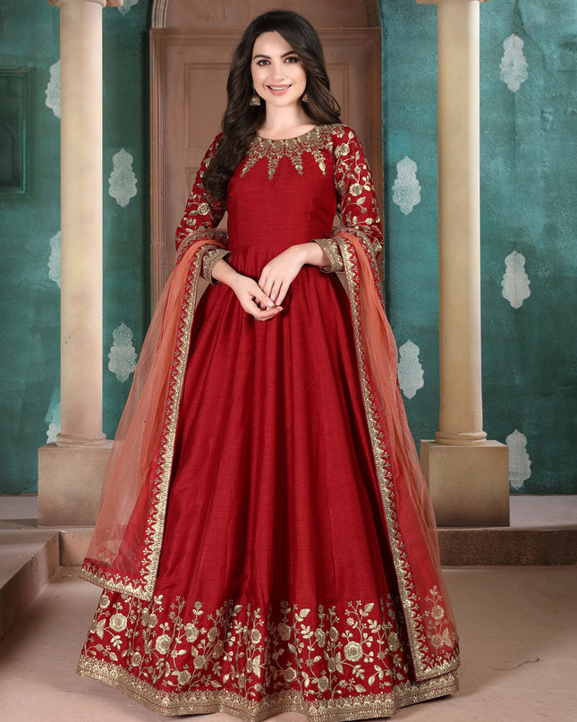 Wonderful Rust Red Silk Slub Embroidered Anarkali Suit