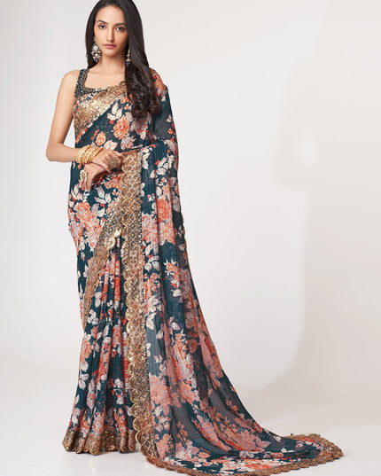 Charming Peacock Blue Organza Sequins Saree