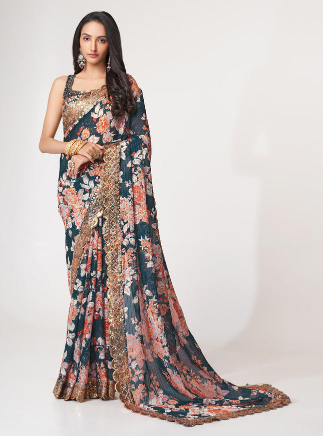 Charming Peacock Blue Organza Sequins Saree