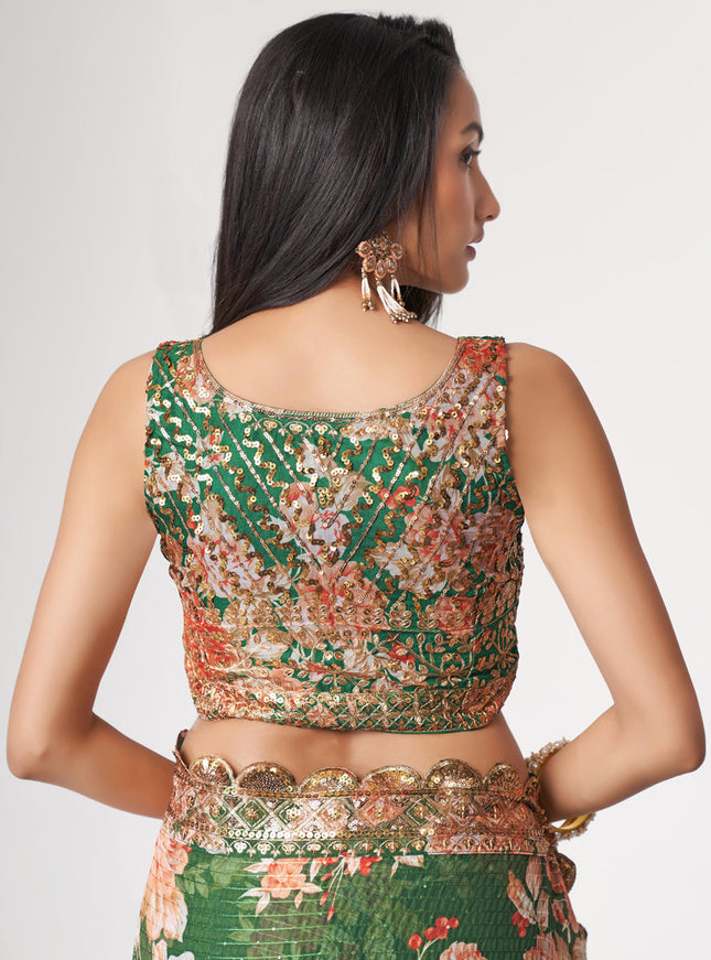 Trendsetting Forest Green Organza Sequins Saree