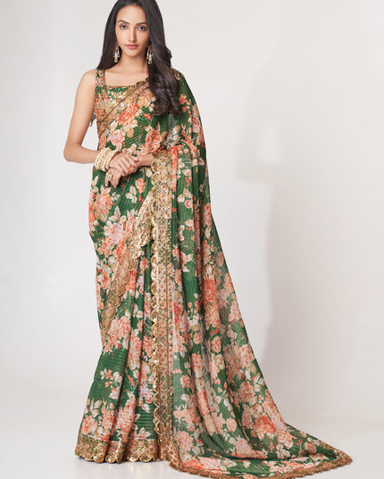 Trendsetting Forest Green Organza Sequins Saree