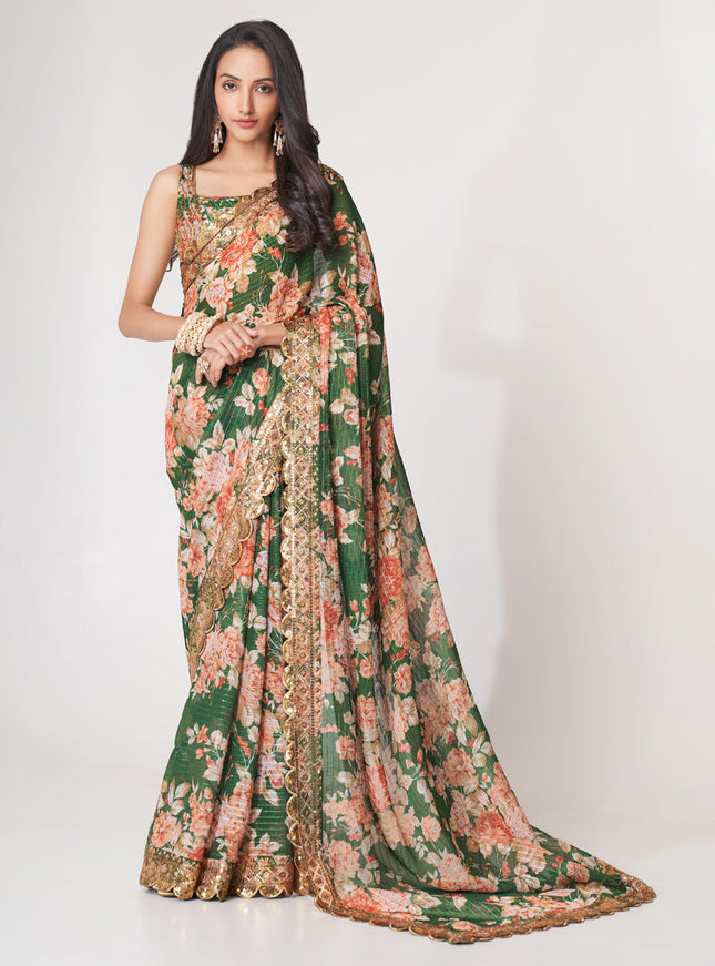 Trendsetting Forest Green Organza Sequins Saree