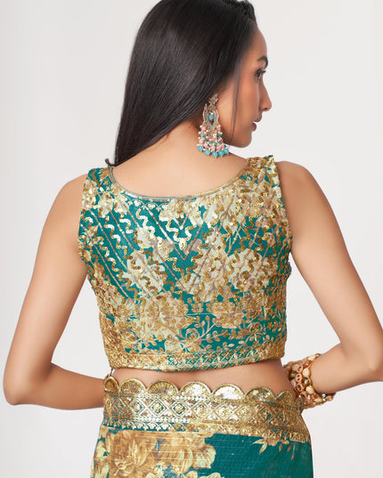 Fashionable Teal Green Organza Sequins Saree