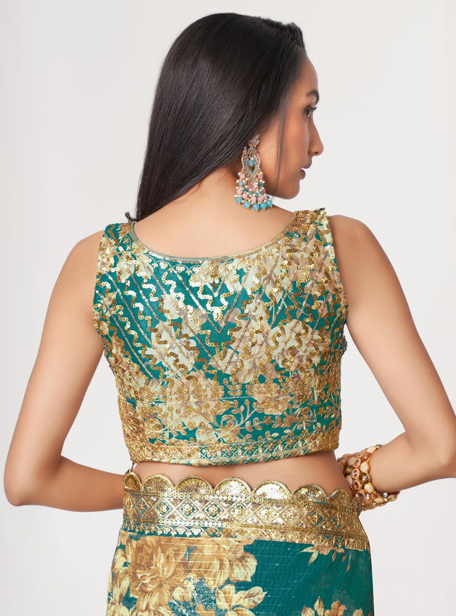 Fashionable Teal Green Organza Sequins Saree