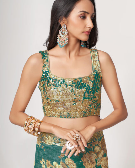 Fashionable Teal Green Organza Sequins Saree