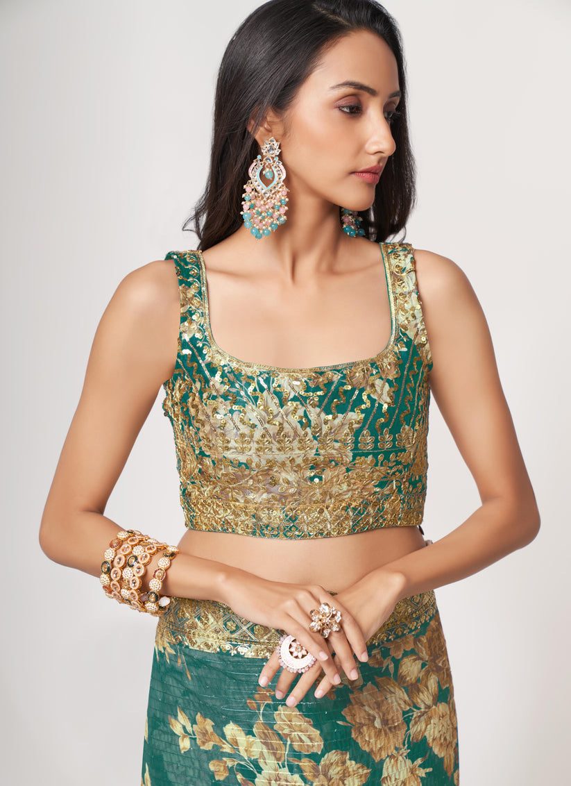 Fashionable Teal Green Organza Sequins Saree