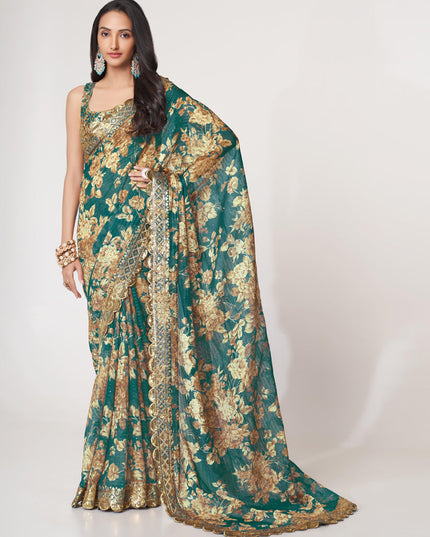 Fashionable Teal Green Organza Sequins Saree