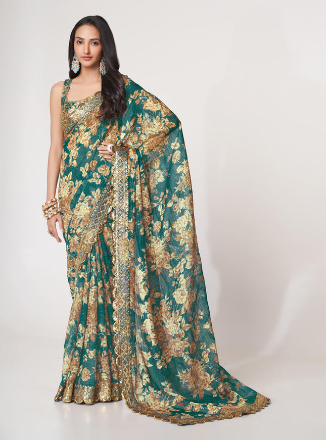 Fashionable Teal Green Organza Sequins Saree