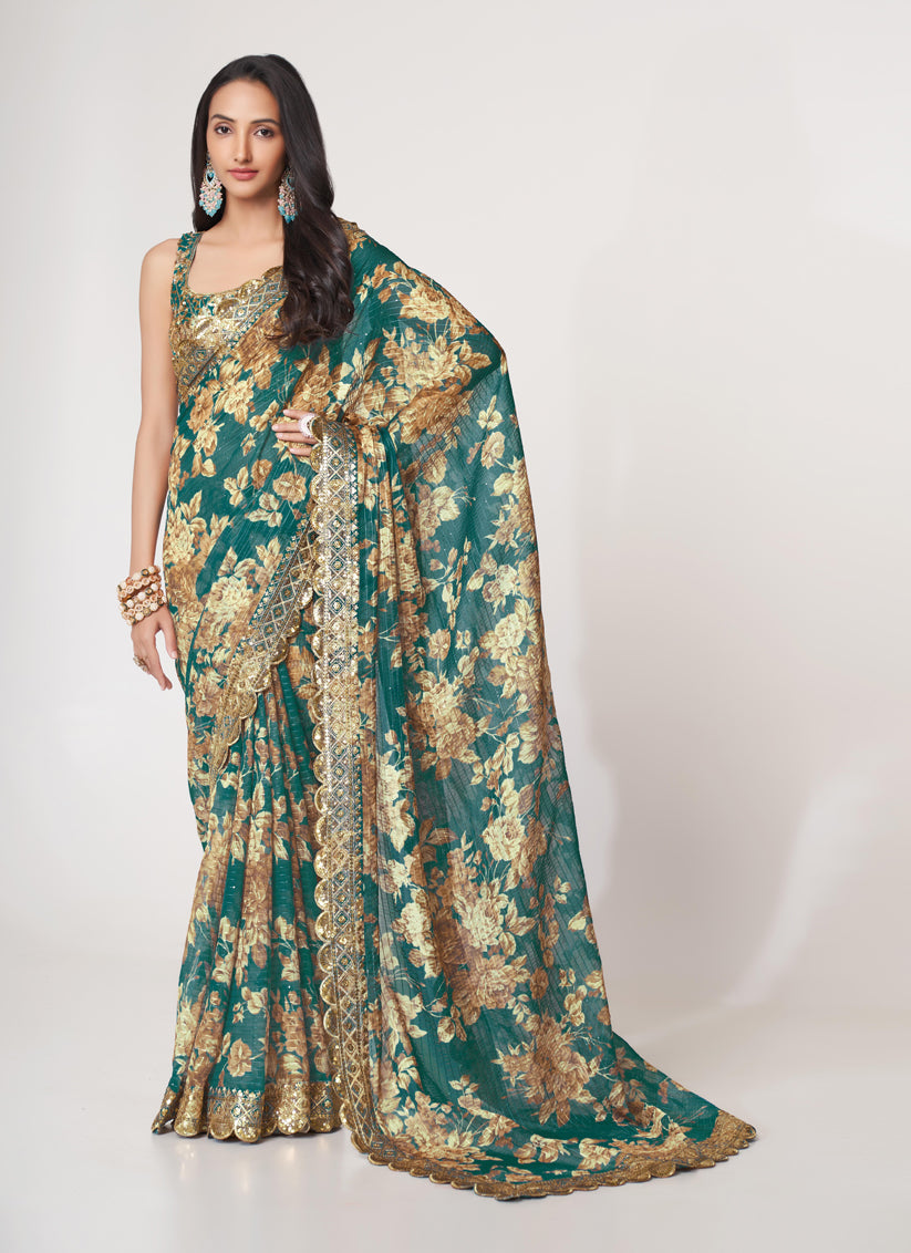 Fashionable Teal Green Organza Sequins Saree