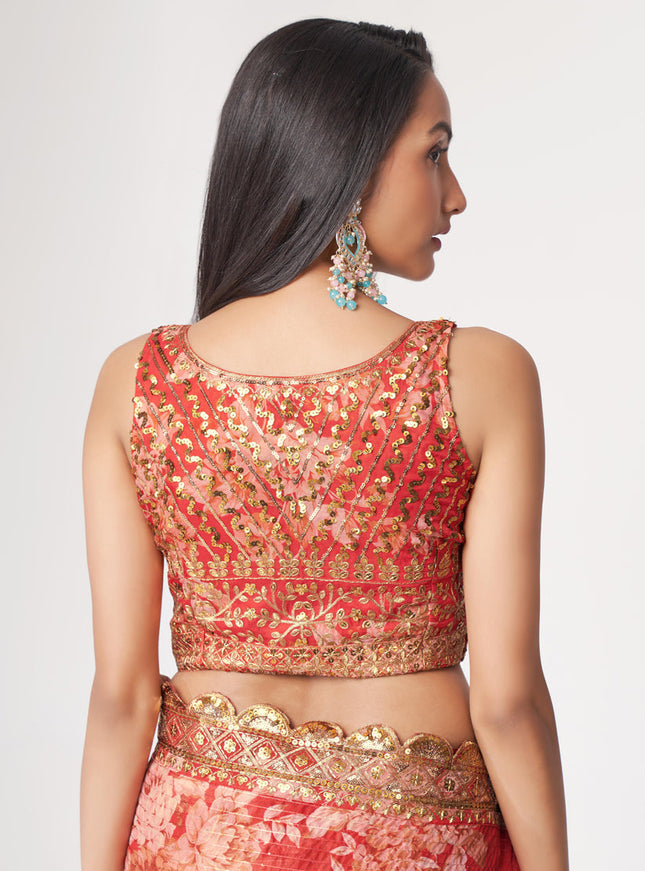 Vibrant Hot Red Organza Sequins Saree