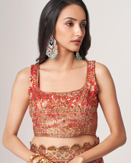 Vibrant Hot Red Organza Sequins Saree