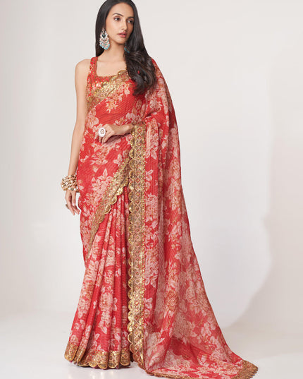 Vibrant Hot Red Organza Sequins Saree