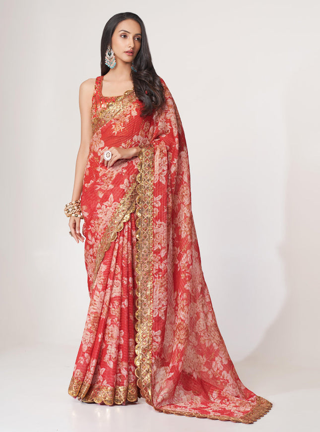 Vibrant Hot Red Organza Sequins Saree
