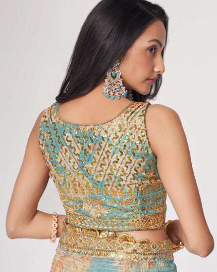 Sophisticated Aqua Blue Organza Sequins Saree