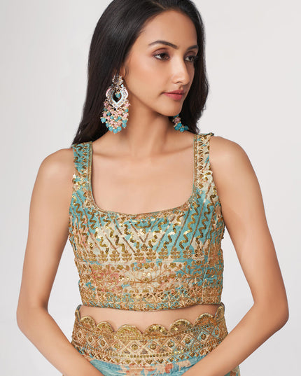 Sophisticated Aqua Blue Organza Sequins Saree