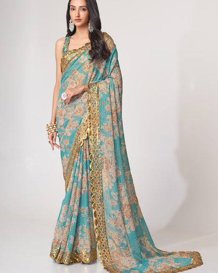 Sophisticated Aqua Blue Organza Sequins Saree