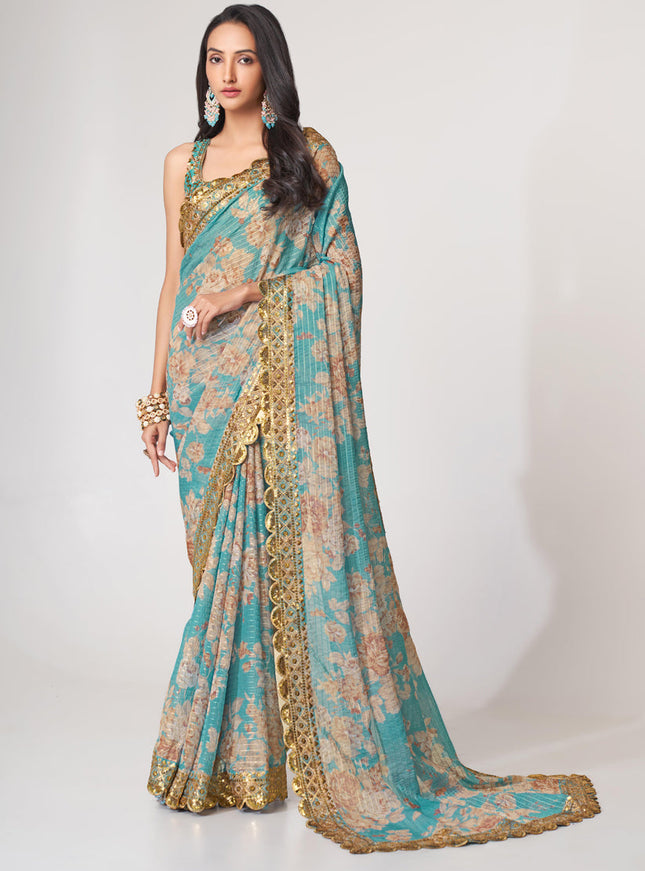 Sophisticated Aqua Blue Organza Sequins Saree