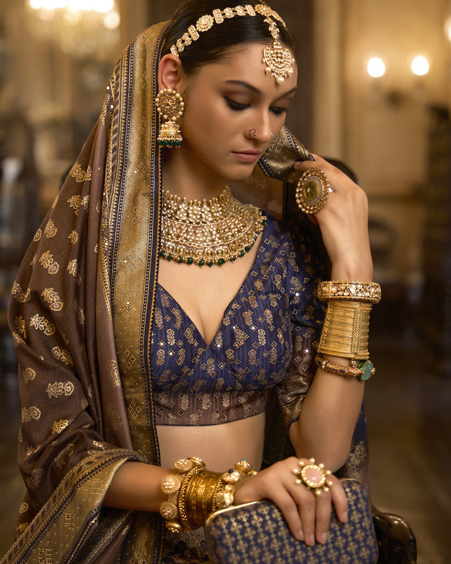 Dusty Beige Rajwadi Silk Embellished Lehenga Choli