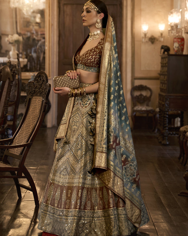 Dusty Beige Rajwadi Silk Embellished Lehenga Choli