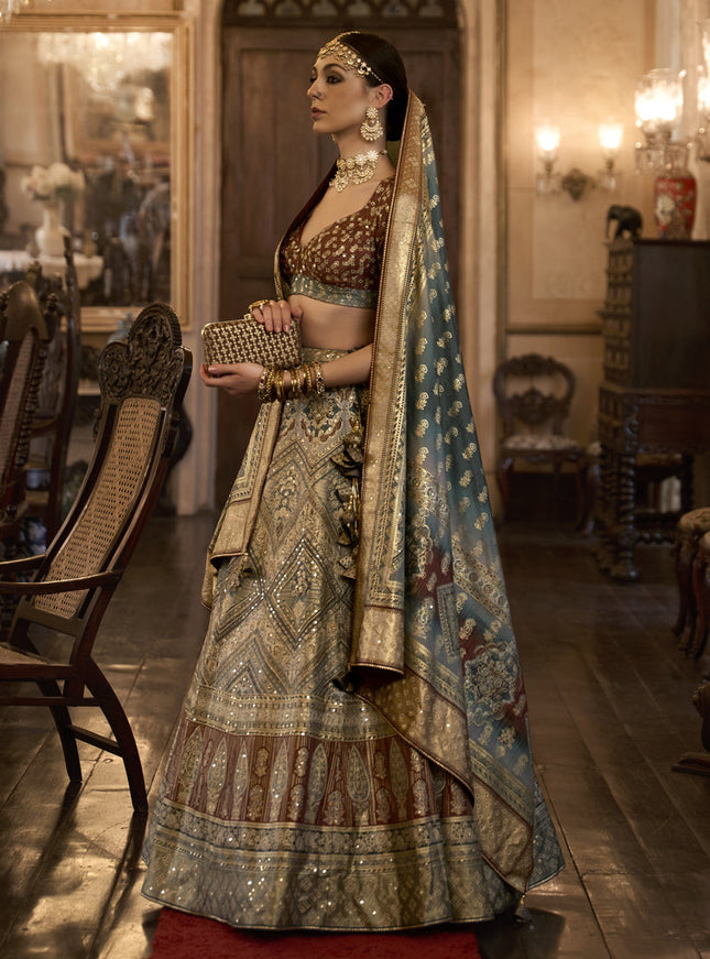 Dusty Beige Rajwadi Silk Embellished Lehenga Choli