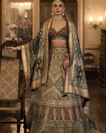 Dusty Beige Rajwadi Silk Embellished Lehenga Choli