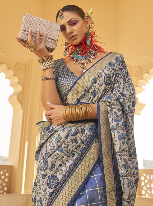 Slate Blue and Grey Silk Saree for Festival