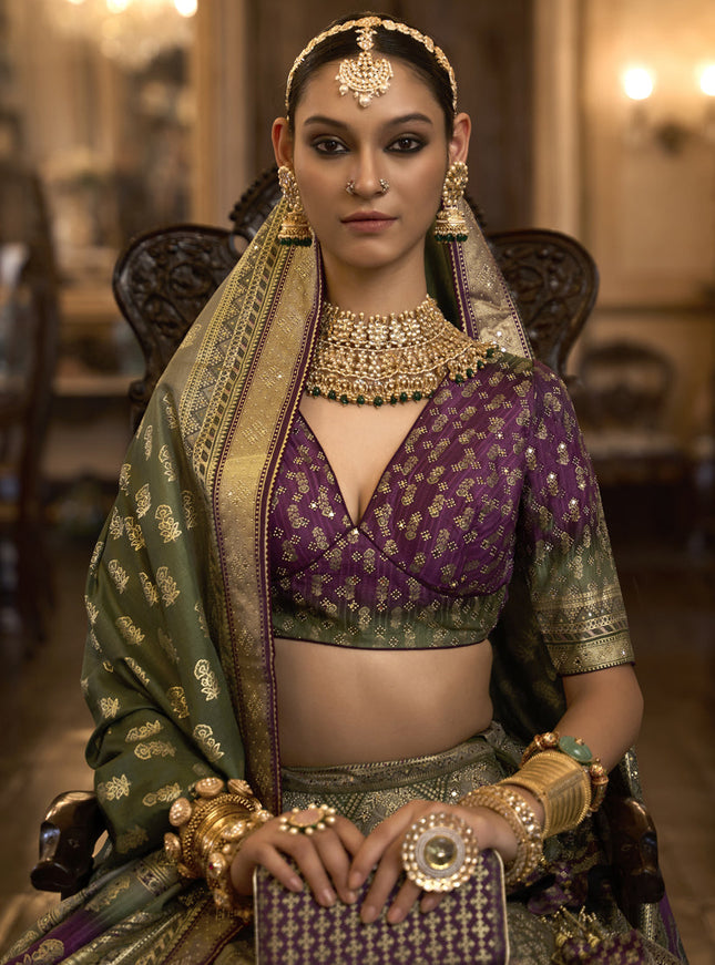 Dusty Beige Rajwadi Silk Embellished Lehenga Choli