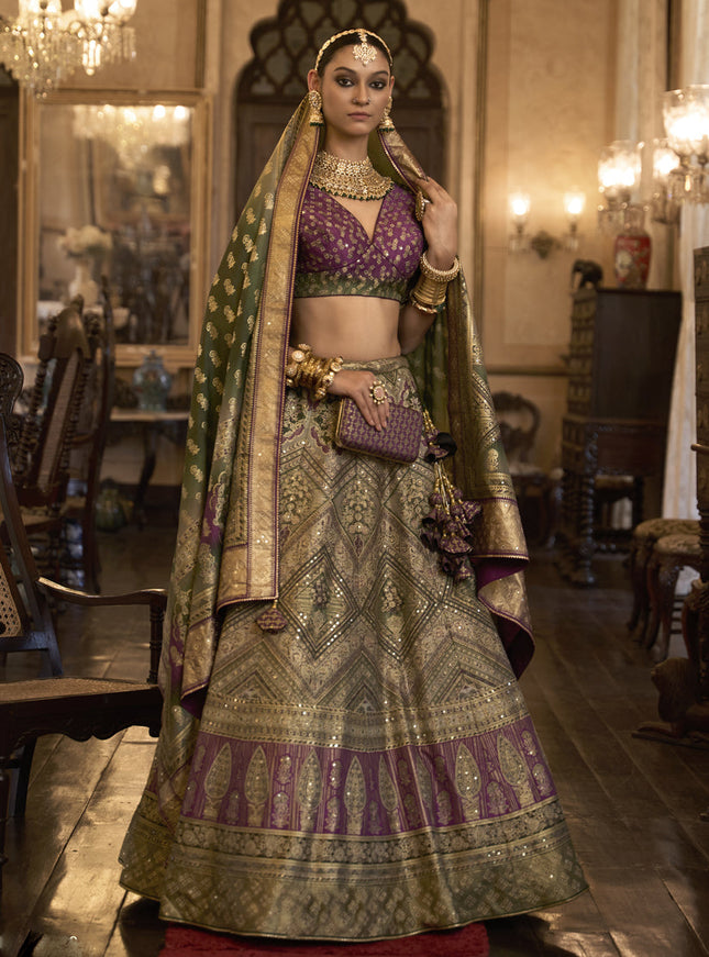 Dusty Beige Rajwadi Silk Embellished Lehenga Choli