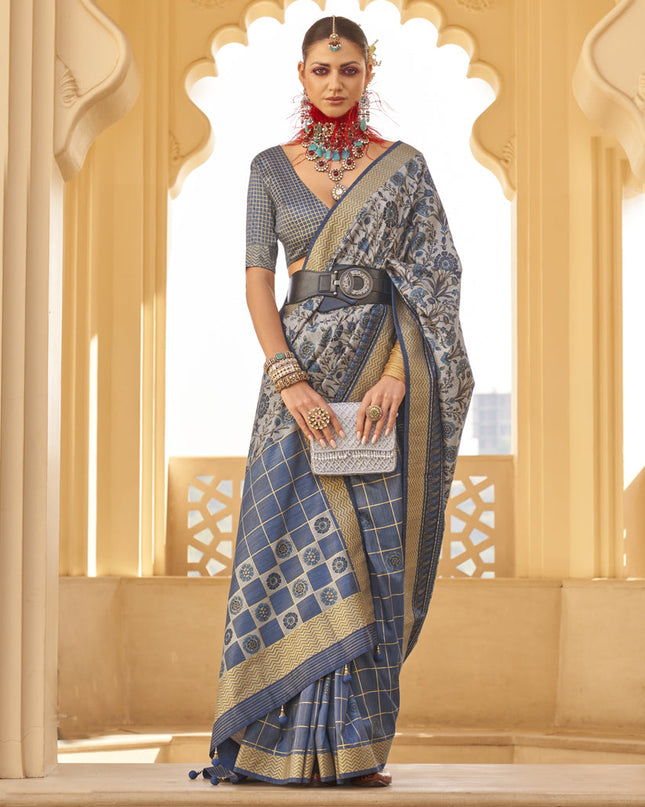 Slate Blue and Grey Silk Saree for Festival