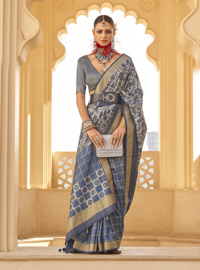 Slate Blue and Grey Silk Saree for Festival