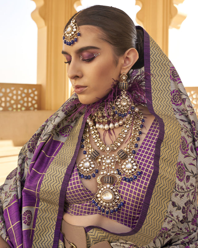 Magenta and Dusty Grey Silk Saree for Festival