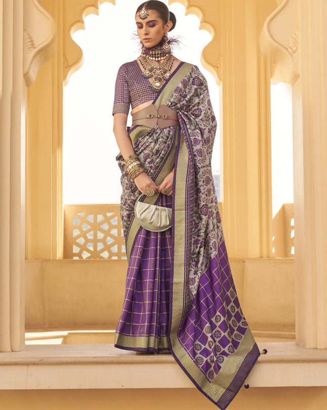 Magenta and Dusty Grey Silk Saree for Festival