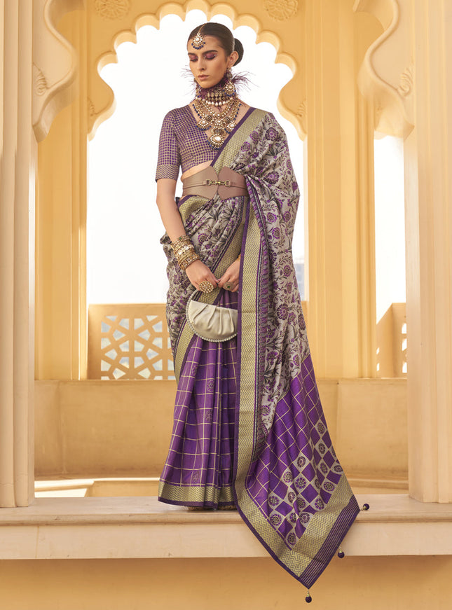 Magenta and Dusty Grey Silk Saree for Festival