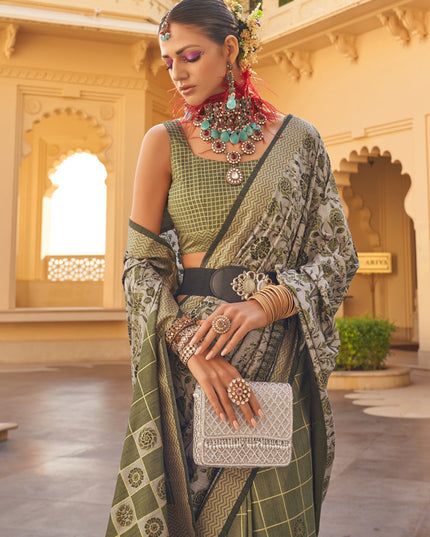Moss Green and Dusty Grey Silk Saree for Festival