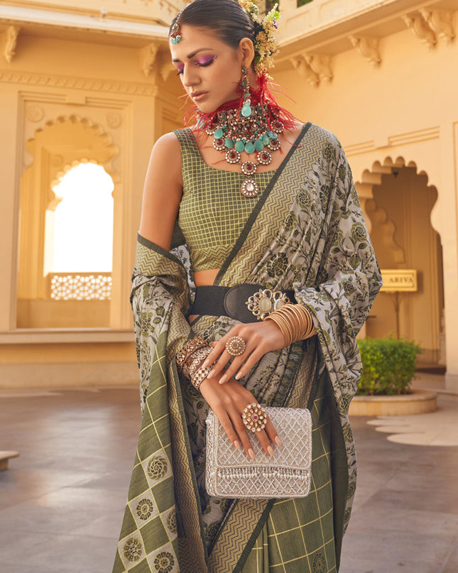 Moss Green and Dusty Grey Silk Saree for Festival