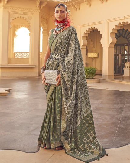 Moss Green and Dusty Grey Silk Saree for Festival
