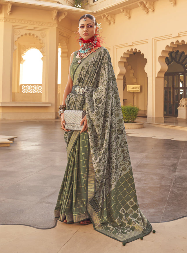 Moss Green and Dusty Grey Silk Saree for Festival
