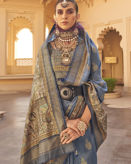 Slate Blue Silk Saree for Festival