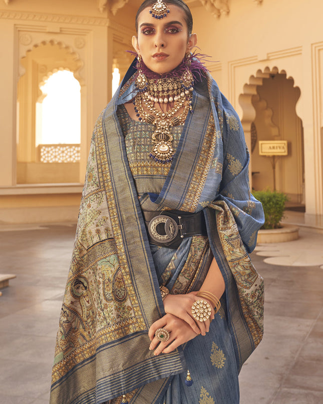 Slate Blue Silk Saree for Festival