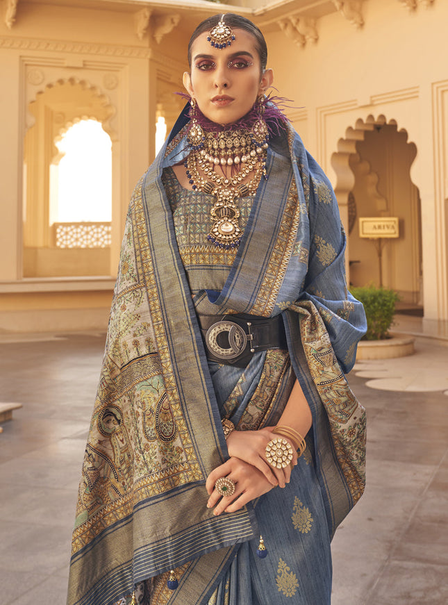 Slate Blue Silk Saree for Festival