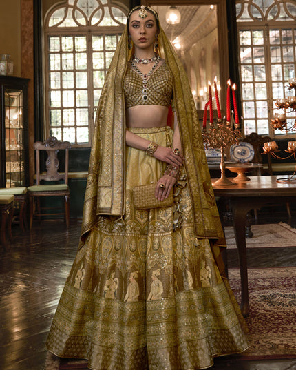 Dusty Gold Rajwadi Silk Embellished Lehenga Choli